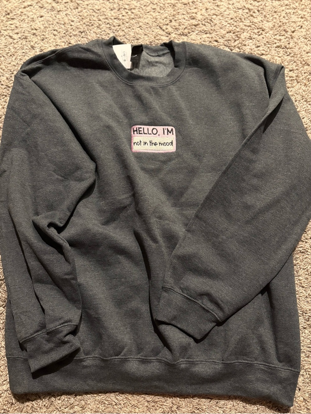 Gildan Charcoal Crewneck Sweatshirt with Pink & White Embroidered Patch
